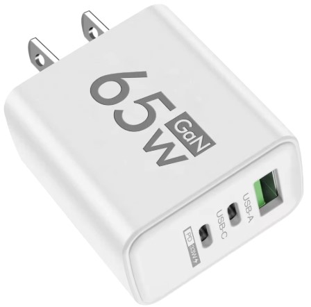 Cargador de celular 3 puertos (1 USB A y 2 USB C), 65W carga rapida